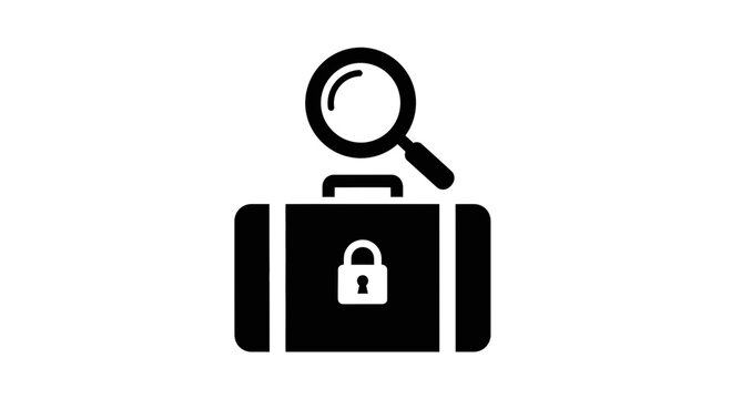 A vector graphic illustration of a briefcase with a padlock and magnifying glass on top, symbolizing security and investigation.