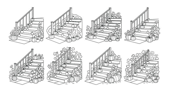 Autumnal staircase decorations featuring pumpkins and foliage repeated patterns