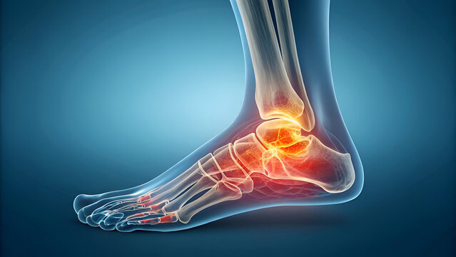 3D anatomy illustration of ankle joint pain and swelling