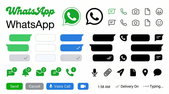 WhatsApp icon set and messaging app interface elements, chat bubbles, green logos, communication symbols, notification badges, send cancel voice call buttons, social media contact vector icons.