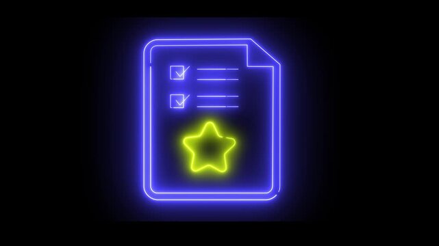Neon light effect animation of a document icon with a checklist and a star. Ideal for digital, technology, or productivity themes.