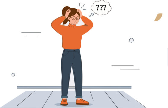 Person standing on a wooden floor with hands on head and a puzzled expression