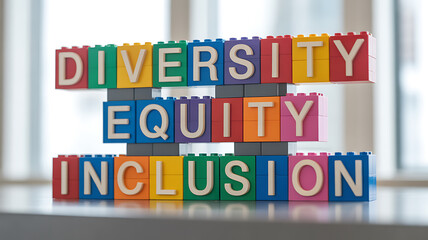 Naklejka premium Colorful blocks spell diversity equity inclusion ideal for corporate presentations and B2B marketing