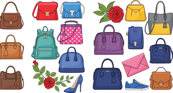Fashionable collection of women leather handbags purses shoulder bags backpack and elegant high heel shoes with rose flower accents for modern lifestyle apparel shopping catalog.