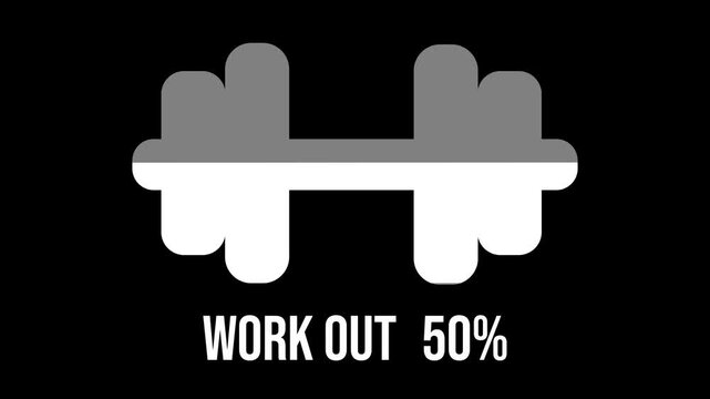 Fill animation of a dumbbell and bold text that says "Work out" with a percentage counter. Simple design, clear message. Perfect for fitness or motivational themes.