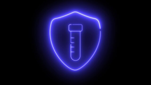 Neon light effect animation of a shield surrounding a test tube. Ideal for digital security, research, or laboratory protection.