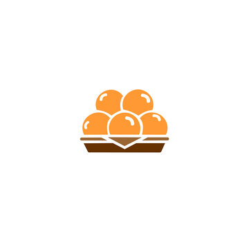 The graphic depicts five round, orange-colored spheres stacked neatly in a pyramid formation. These items likely represent oranges, buns, or traditional snacks like bakpao or onde-onde.