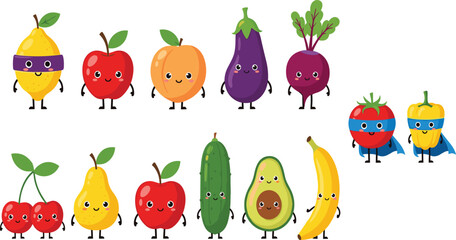 Fototapeta premium Large set of cute fruit and vegetable mascot characters including superhero versions for healthy food education and organic produce advertising stickers.
