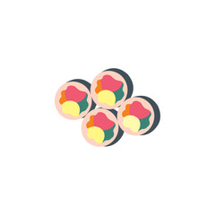 The graphic depicts a cluster of four maki sushi rolls arranged together. Each roll is encased in a thick, dark gray layer representing nori (seaweed), with a light peach-colored ring for the rice © Pernah