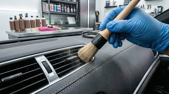Close-up of a professional auto detailer wearing blue gloves cleaning a car interior dashboard air vent with a soft detailing brush.