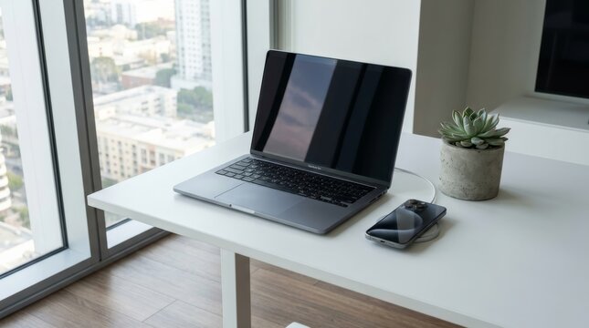 Modern minimalist workspace with a laptop, smartphone, and succulent on a white desk in a high-rise office with a panoramic city view.
