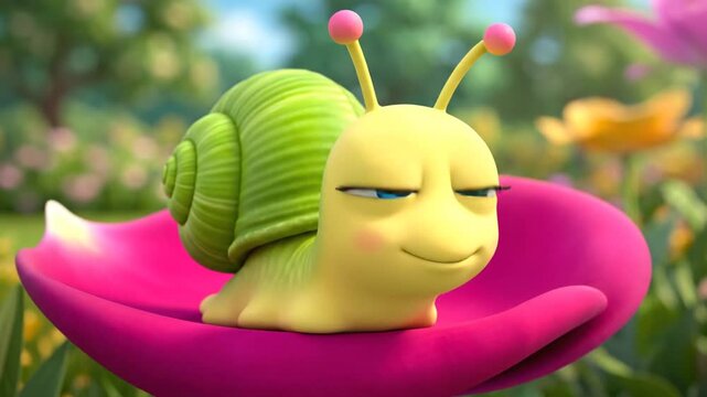 Cartoon snail character smiling on pink leaf in garden