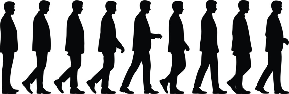 Silhouettes of a man walking in various positions, Business attire, Isolated on white background for animation or design use