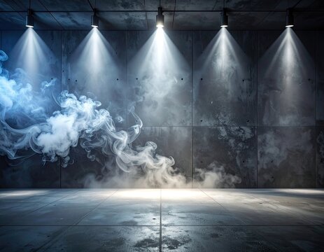 A dramatic, dimly lit industrial space is illuminated by spotlights, creating a swirling cloud of smoke and a sense of mystery.