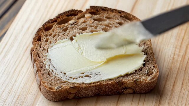 Spreading Butter on a Slice of Whole Wheat Bread with a Knife.