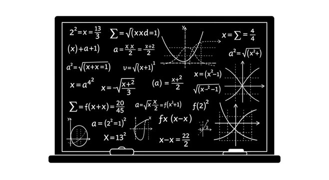A vector graphic illustration of a blackboard filled with complex mathematical equations and formulas