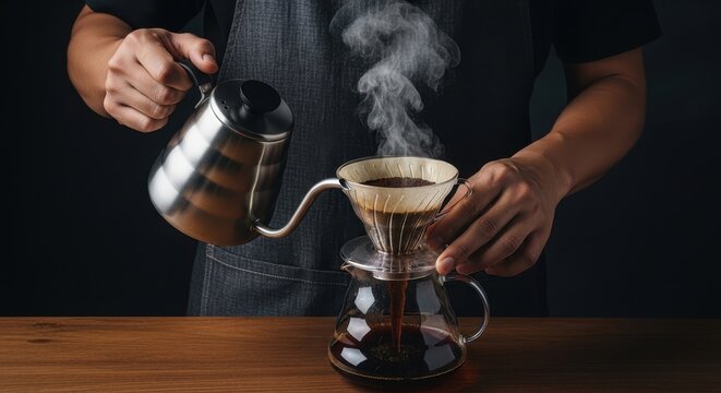 Coffee Brewing Process with Steam Rising from Fresh Liquid