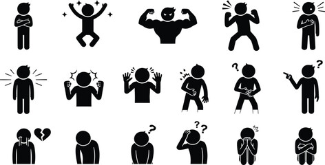 Vector Icon Set of Stick Figure Characters Expressing Various Human Emotions and Body Language Including Joy Anger Sadness Confusion and Strength © ΠISH4N I5L4M