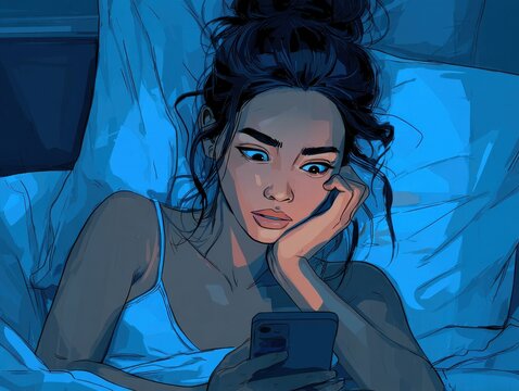 Young Filipina woman experiencing insomnia, scrolling phone in bed at 3am under blue glow