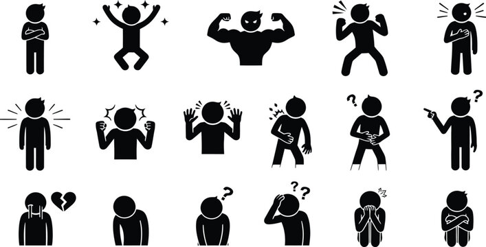 Vector Icon Set of Stick Figure Characters Expressing Various Human Emotions and Body Language Including Joy Anger Sadness Confusion and Strength