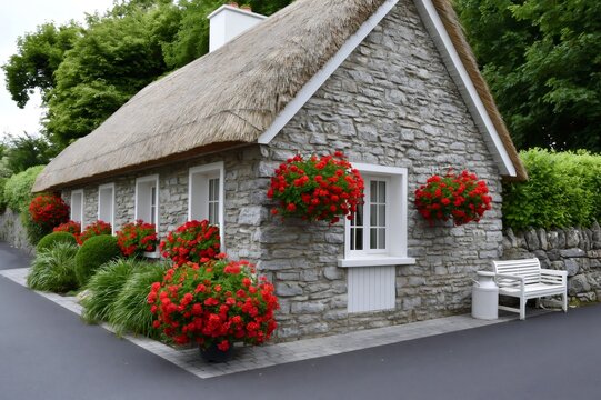 Adare thatched cottage with red geraniums blooming