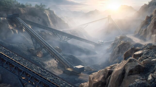 Large industrial quarry with conveyor belts moving rocks