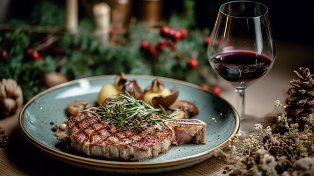 Grilled beef steak on plate with wine glass and christmas holiday decoration
