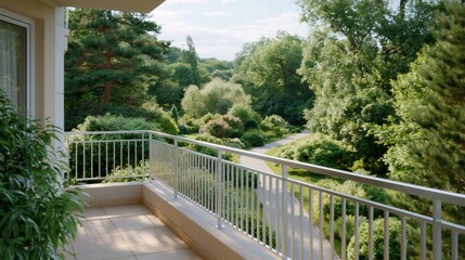 Obraz premium Balcony overlooking tranquil green park with winding path