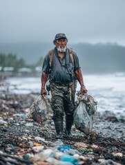 Naklejka premium Pacific Islander man leading community ocean cleanup on an overcast morning