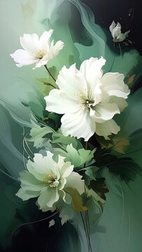 Close-up of large, white floral blossoms against a misty green backdrop