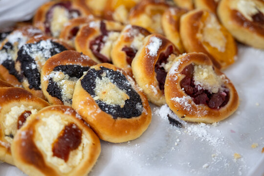 Traditional Moravian kolache pastries with poppy seed, cheese and fruit filling, homemade sweet bakery assortment, Czech cuisine dessert