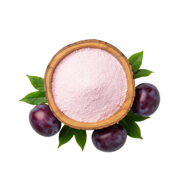 Wooden bowl with pink plum powder and fresh plums isolated on a transparent background