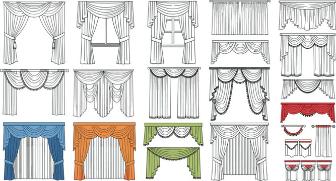 Curtains and drapes vector set with classic window treatments valances and elegant fabric decor line and flat illustration collection