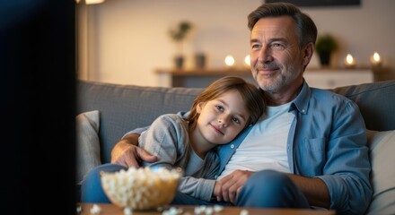 Obraz premium fathers day family bonding moment with son watching movie at home