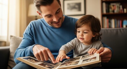 Fototapeta premium fathers day heartwarming moment of father and child reading family photo album together in cozy home setting celebrating special occasion