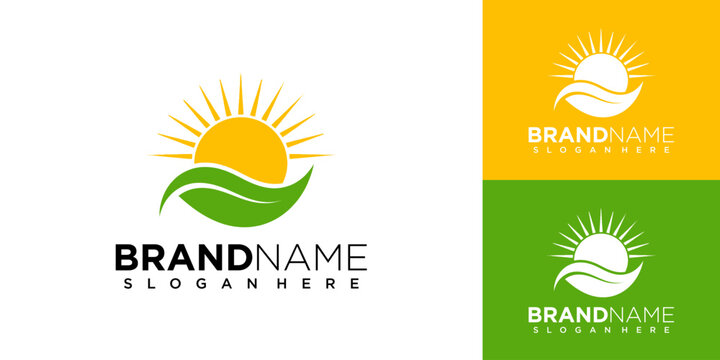A stylized sun rises over a green leafy hill with a bold brand name and slogan in a modern logo design.