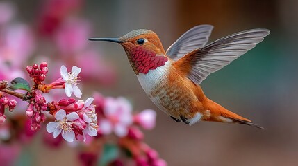 Obraz premium Vibrant Natural Close-up Rufous Hummingbird in Mid Flight Near Pink Blossom Spring Flower Scene