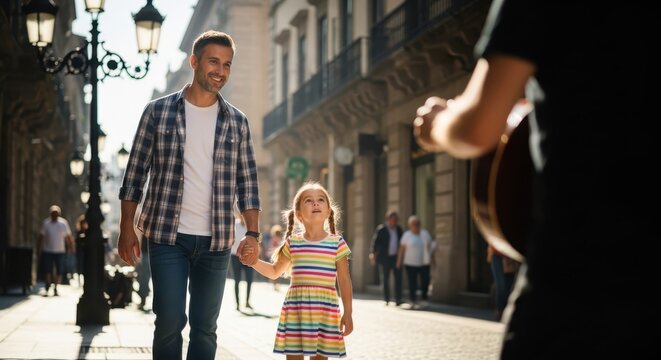 fathers day celebration with happy father and daughter walking down city street