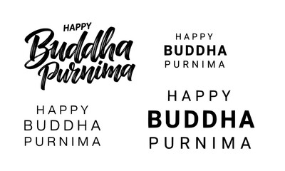 Fototapeta premium Happy Buddha Purnima typography bundle set featuring four unique lettering styles including brush script, bold, and modern fonts, perfect for greeting cards, posters, stickers, and Vesak festival desi