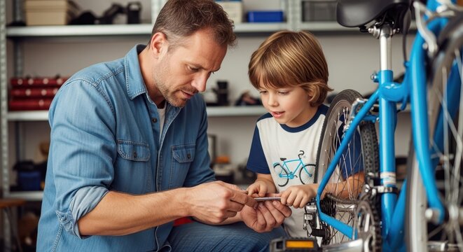 Fathers Day: A heartwarming scene of a father and son working together to repair a bicycle in a well-lit workshop