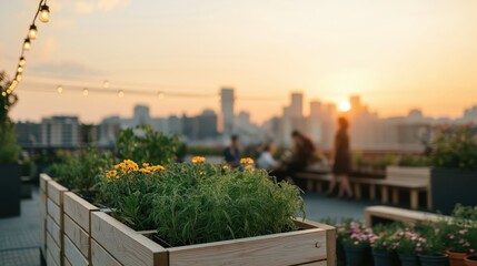 Fototapeta premium People enjoying a vibrant rooftop garden with city views at golden hour, fostering urban connection and sustainable living