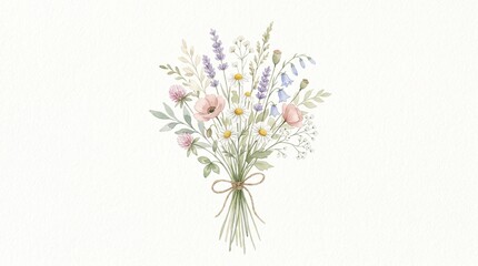Fototapeta premium A delicate watercolor bouquet of wildflowers and herbs, artfully arranged with a twine tie, perfect for charming invitations and rustic decor