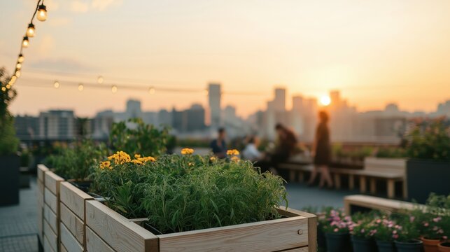 People enjoying a vibrant rooftop garden with city views at golden hour, fostering urban connection and sustainable living