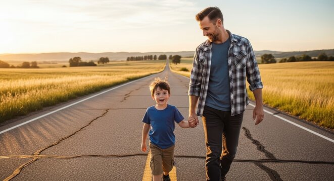 Fathers Day father and son walking hand in hand on a scenic road during golden hour