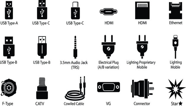 Comprehensive Vector Icon Set of Computer Ports and Cable Connectors Including USB Type C HDMI Ethernet Audio Jack and Power Plugs