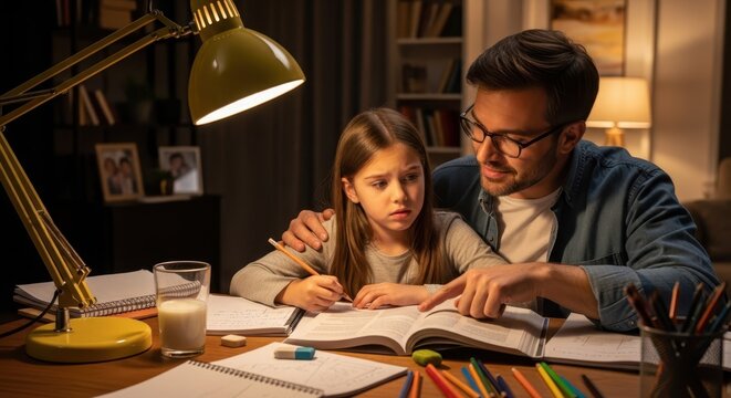 Fathers Day father and daughter studying together at home under warm light with books and pencils on table
