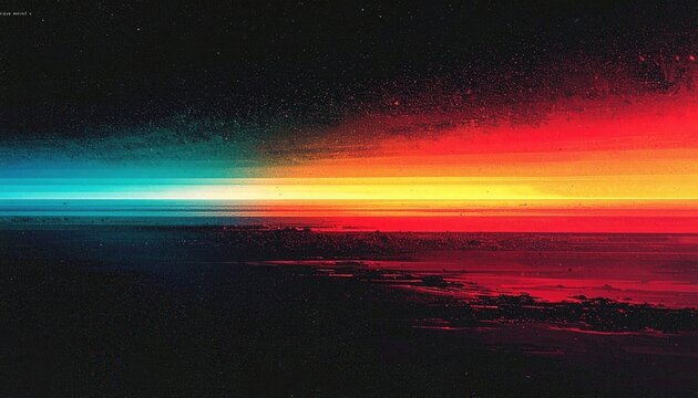 수평선을 따라 강렬하게 뻗어 나가는 청록색과 오렌지색 및 붉은색의 그라데이션 광선이 어두운 풍경 위에서 빛나는 신비롭고 추상적인 80년대 복고풍 신스웨이브 스타일의 디지털 예술 배경 이미지입니다.