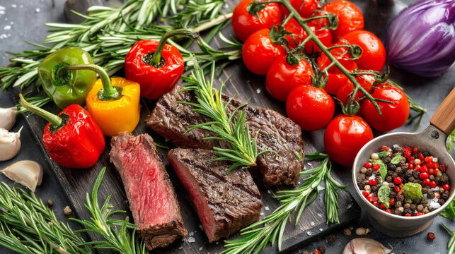 Sliced medium rare beef steak on wooden board with cherry tomatoes peppers