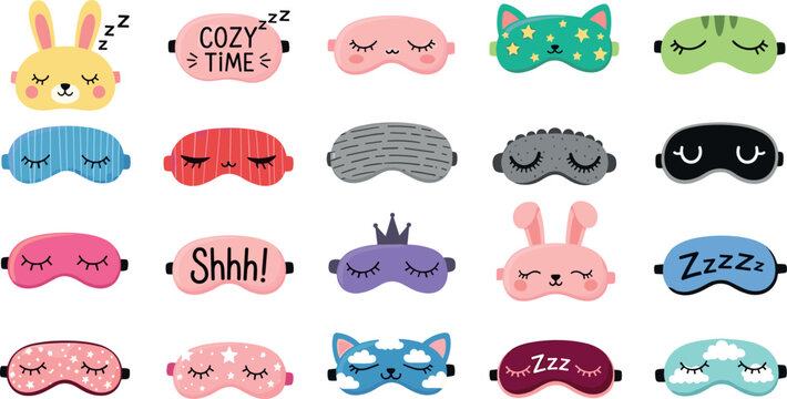 Cute sleep masks vector set with cartoon animals and cozy bedtime eye masks collection for rest relaxation and night routine