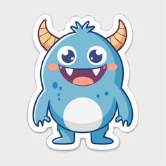 Fototapeta premium Cute Blue Cartoon Monster with Horns and Big Eyes